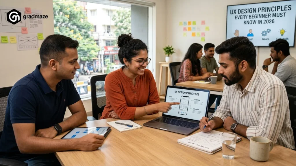 Students collaborating in a classroom, discussing UX design principles on a laptop, with wireframes, notes, and a presentation screen about UX design in 2026.