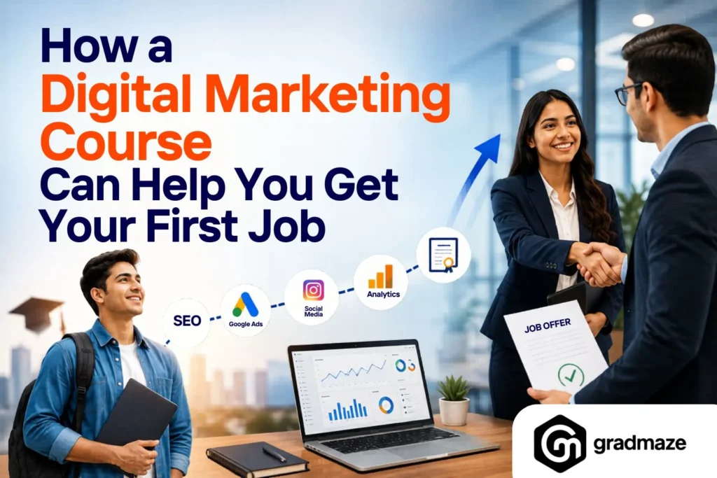 Illustration showing how to get a digital marketing job as a fresher through digital marketing training, SEO, Google Ads, social media marketing, analytics, and job placement.
