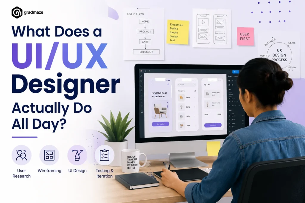 What Does a UI/UX Designer do during a typical workday, including user research, wireframing, UI design, testing, and iteration.