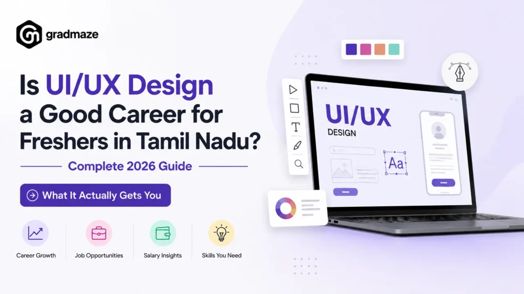 Gradmaze blog featured image featuring a UI/UX design career guide for freshers in Tamil Nadu, with a laptop displaying a UI/UX interface and highlights for career growth, job opportunities, salary insights, and essential skills.