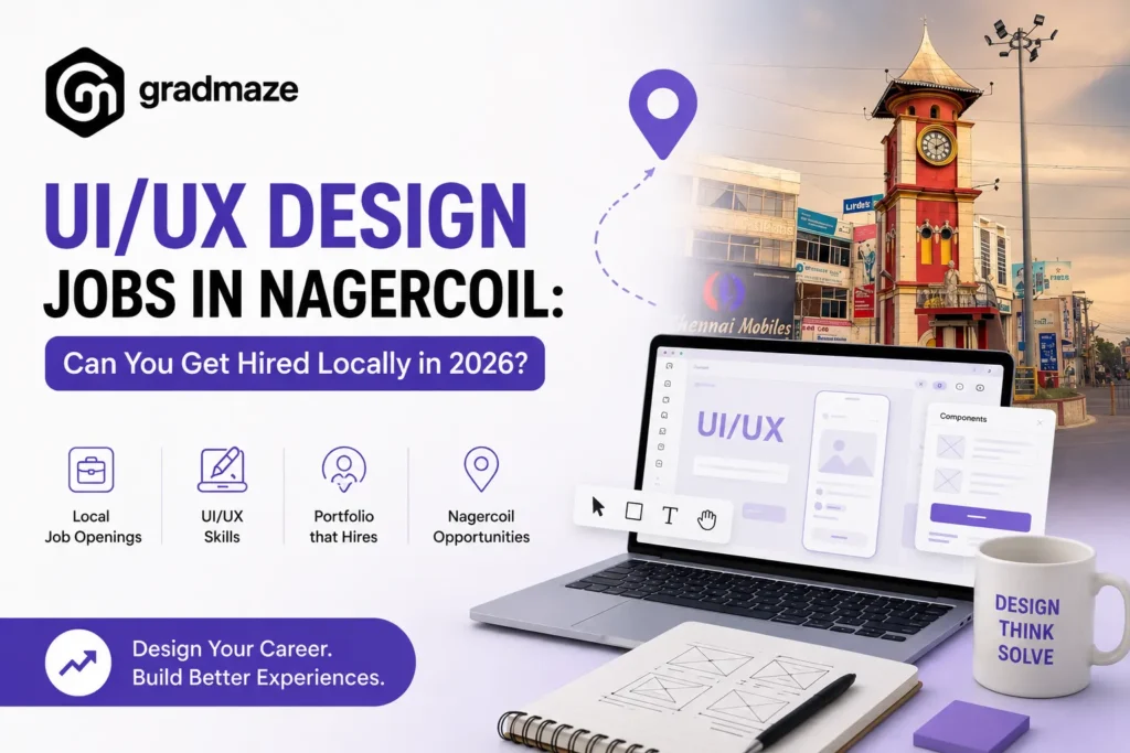 UI/UX Design Jobs in Nagercoil 2026 – Gradmaze blog feature image with Nagercoil Clock Tower and UI/UX design workspace.