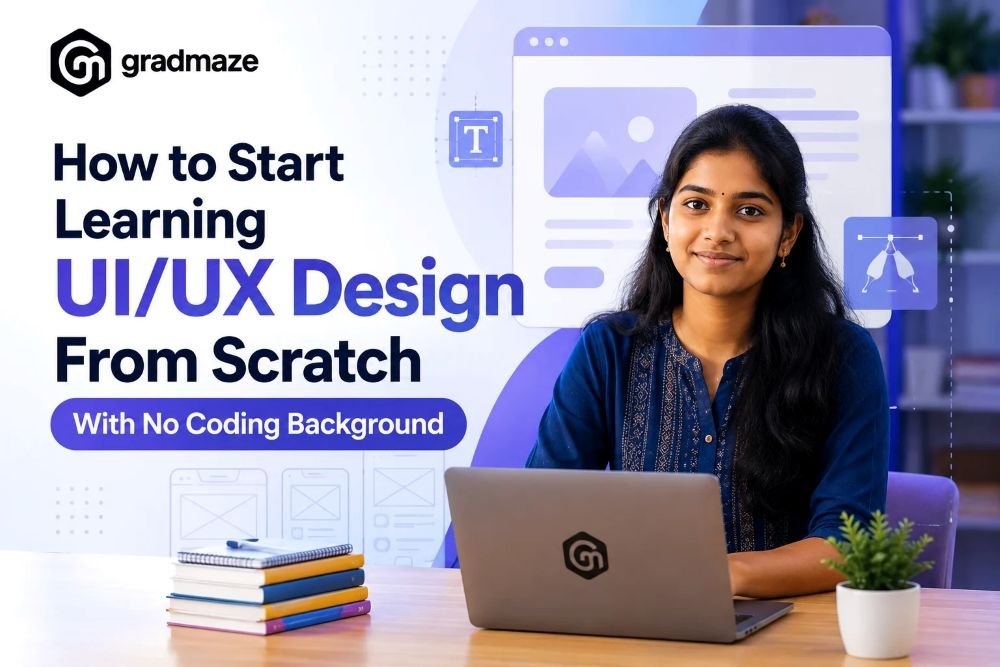 How to start learning UI UX from scratch, A South Indian student using a laptop with UI/UX design interface elements in the background, alongside the Gradmaze logo and the blog title, "How to Start Learning UI/UX Design From Scratch With No Coding Background." The image represents beginners starting a UI/UX design career without any coding experience.